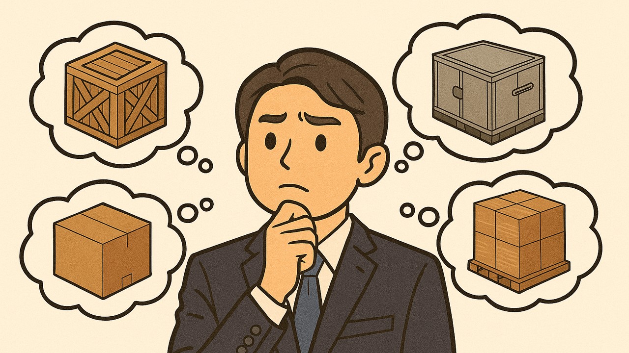 輸出梱包について考えている男性